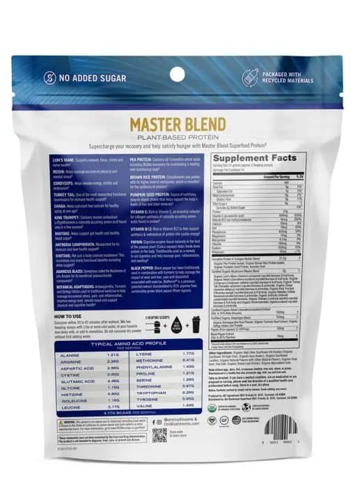 Om Mushroom Master Blend Protein - Organic vanilla plant-based protein with a 10-mushroom blend.