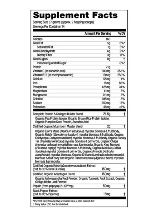 Om Mushroom Master Blend Protein - Organic vanilla plant-based protein with a 10-mushroom blend.