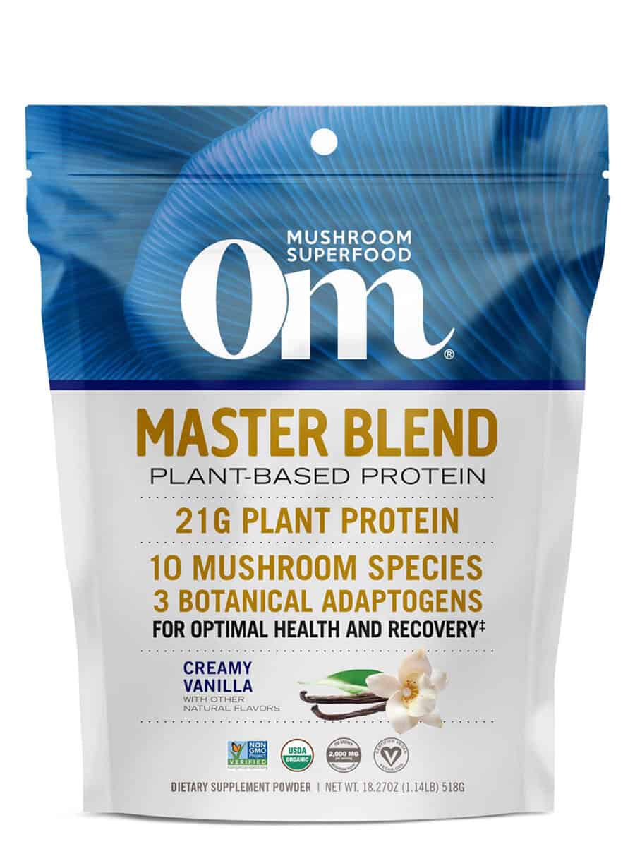 Om Mushroom Master Blend Protein - Organic vanilla plant-based protein with a 10-mushroom blend.