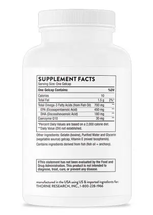 Thorne Omega-3 w/ CoQ10 - Fish oil with EPA, DHA, and CoQ10 for cardiovascular and brain health.