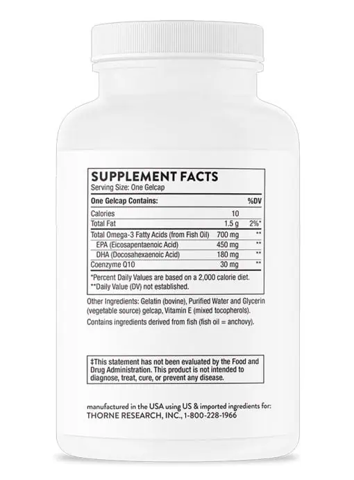 Thorne Omega-3 w/ CoQ10 - Fish oil with EPA, DHA, and CoQ10 for cardiovascular and brain health.