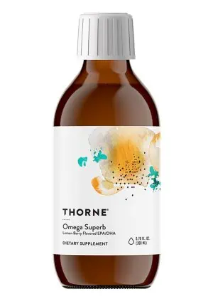 Thorne Omega Superb (6.8 fl oz Lemon Berry) - high-potency liquid omega-3 fish oil for kids and adults.