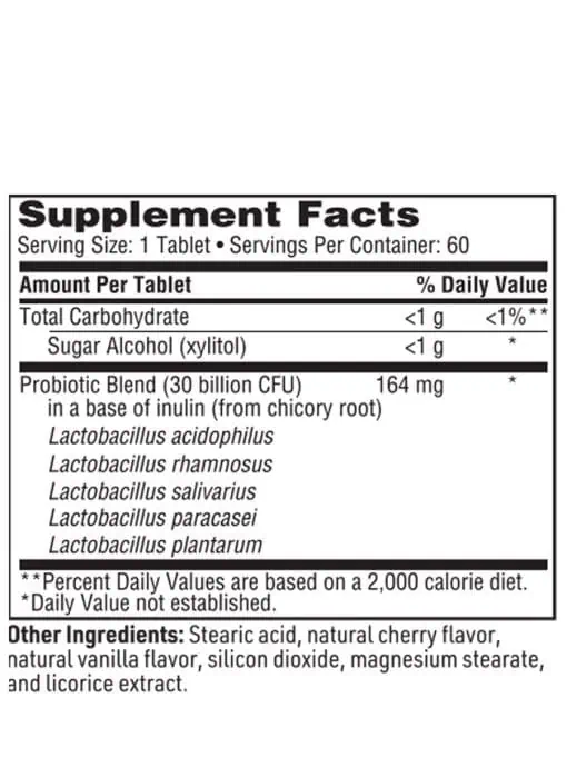Prodegin Probiotic - A 30 billion CFU, 5-strain chewable Lactobacillus blend for gut and oral health.