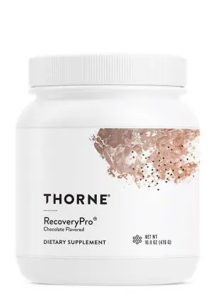 Thorne RecoveryPro (16.8 oz Chocolate) - NSF Certified nighttime protein powder for muscle recovery and sleep.