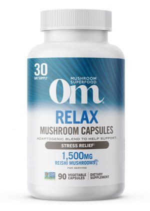 Om Relax Mushroom Capsules - with Reishi, Ashwagandha, and GABA for stress relief and calmness.