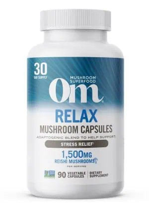 Om Relax Mushroom Capsules - with Reishi, Ashwagandha, and GABA for stress relief and calmness.