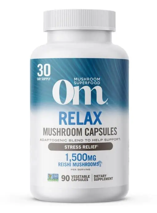 Om Relax Mushroom Capsules - with Reishi, Ashwagandha, and GABA for stress relief and calmness.