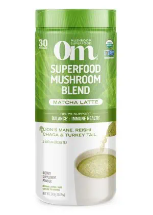 Om Mushroom Matcha Latte Blend Powder - with Lion's Mane, Reishi, and Chaga for focus and immune support.
