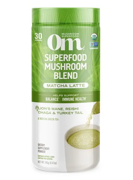 Om Mushroom Matcha Latte Blend Powder - with Lion's Mane, Reishi, and Chaga for focus and immune support.