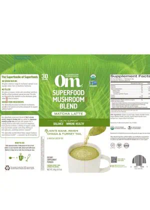 Om Mushroom Matcha Latte Blend Powder - with Lion's Mane, Reishi, and Chaga for focus and immune support.