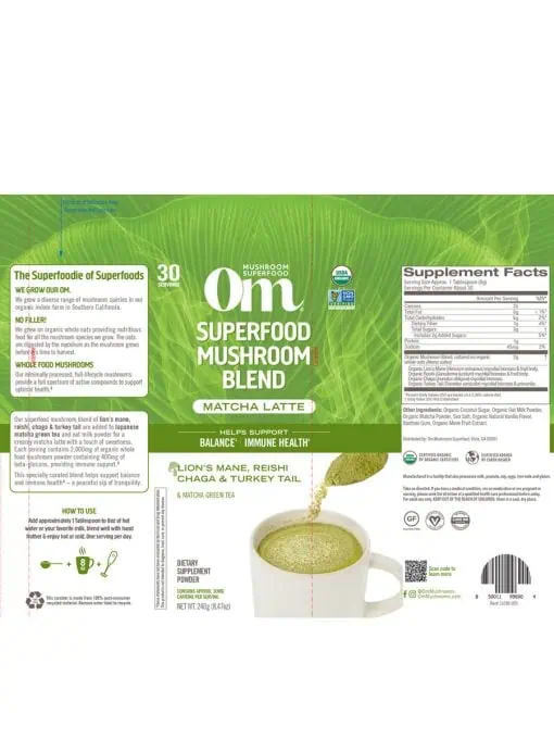 Om Mushroom Matcha Latte Blend Powder - with Lion's Mane, Reishi, and Chaga for focus and immune support.
