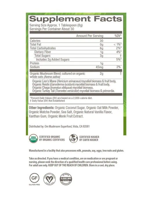 Om Mushroom Matcha Latte Blend Powder - with Lion's Mane, Reishi, and Chaga for focus and immune support.