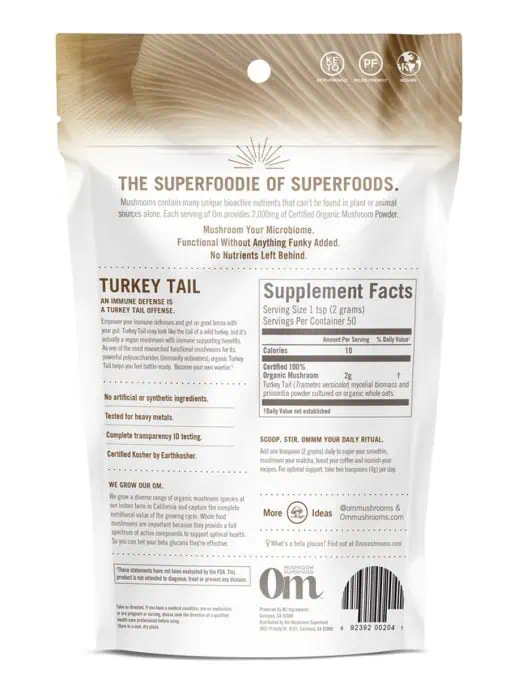 Om Turkey Tail Mushroom Superfood Powder (100g) - Organic immune support powder with beta-glucans.