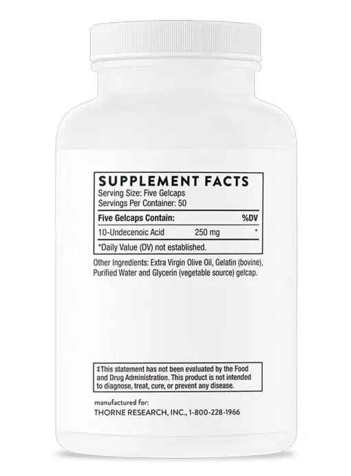 Thorne Formula SF722 (250 Gelcaps) - 10-Undecenoic acid supplement for gut and vaginal flora support.