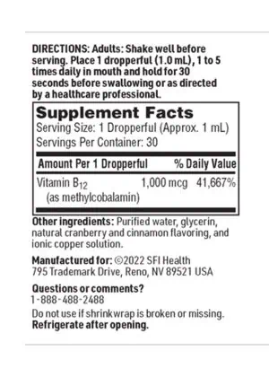 SFI Health B12 Liquid - 1000 mcg of methylcobalamin B12 for fast absorption and energy support.