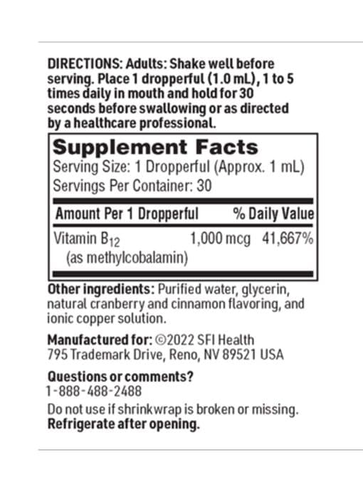 SFI Health B12 Liquid - 1000 mcg of methylcobalamin B12 for fast absorption and energy support.