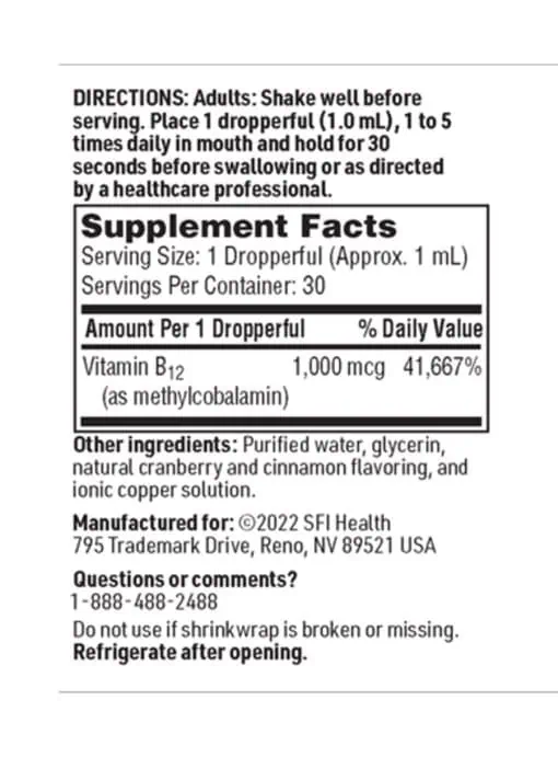 SFI Health B12 Liquid - 1000 mcg of methylcobalamin B12 for fast absorption and energy support.