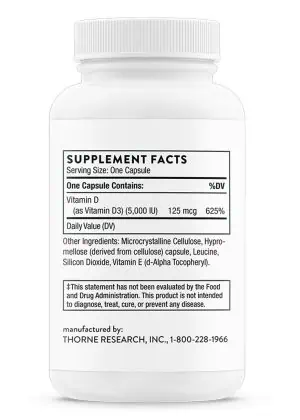Thorne D-5,000 (60 Capsules) - Vitamin D3 5000 IU supplement for immune and bone support.