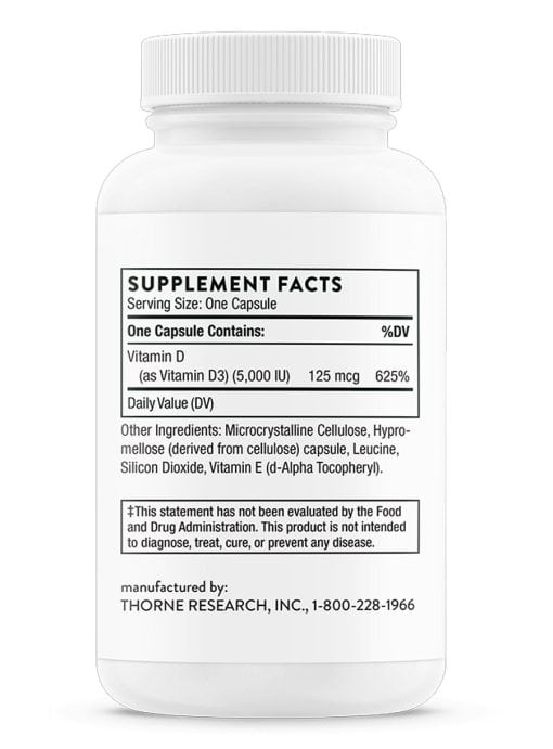 Thorne D-5,000 (60 Capsules) - Vitamin D3 5000 IU supplement for immune and bone support.