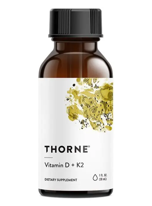 Thorne Vitamin D/K2 Liquid (1 fl oz) - Liquid drops with 1000 IU Vitamin D3 and 200 mcg K2 MK-4 for bone and heart health.