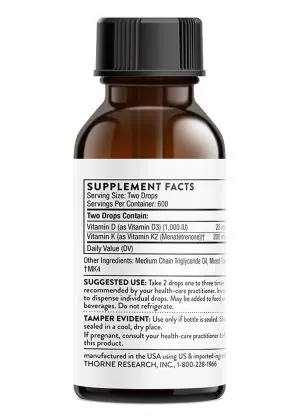 Thorne Vitamin D/K2 Liquid (1 fl oz) - Liquid drops with 1000 IU Vitamin D3 and 200 mcg K2 MK-4 for bone and heart health.