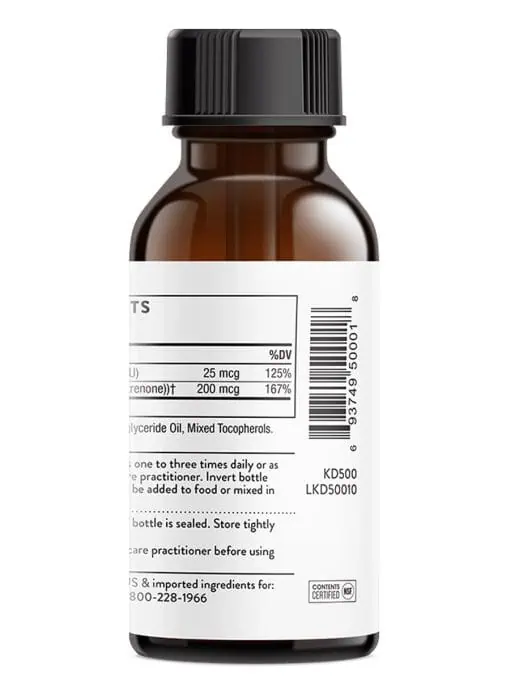 Thorne Vitamin D/K2 Liquid (1 fl oz) - Liquid drops with 1000 IU Vitamin D3 and 200 mcg K2 MK-4 for bone and heart health.