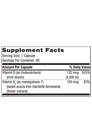 Klaire Labs Vitamin D Plus K - 5000 IU D3 and 100 mcg K2 (MK-7) for bone and immune support.