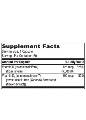 Klaire Labs Vitamin D Plus K - 5000 IU D3 and 100 mcg K2 (MK-7) for bone and immune support.