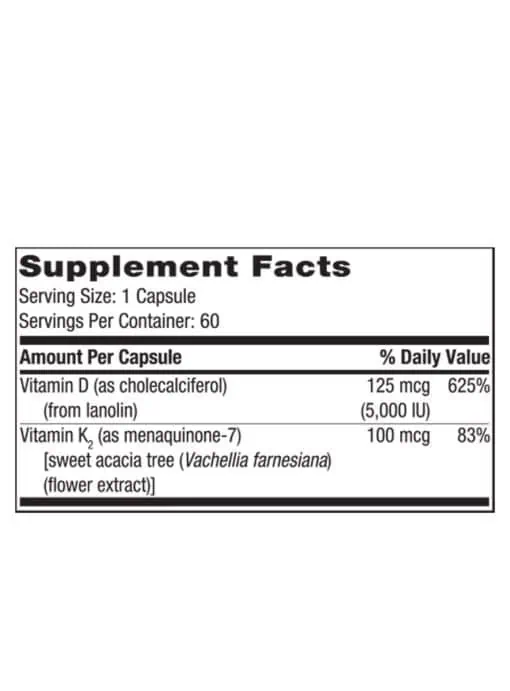 Klaire Labs Vitamin D Plus K - 5000 IU D3 and 100 mcg K2 (MK-7) for bone and immune support.