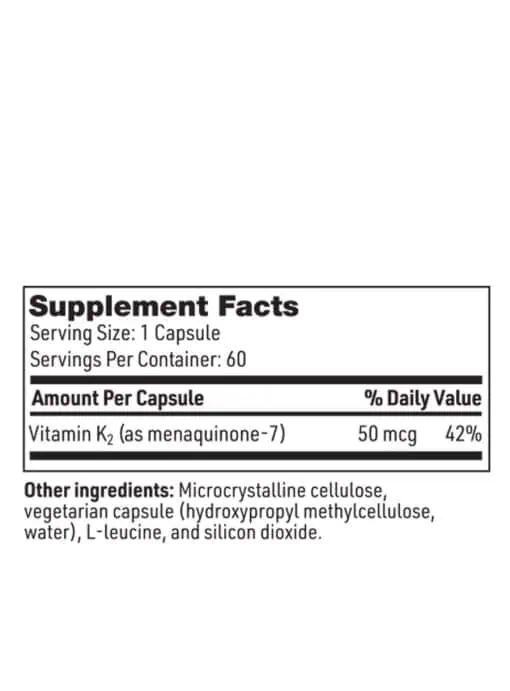 Vitamin K2 - 50 mcg of soy-free menaquinone-7 (MK-7) for bone and cardiovascular health.