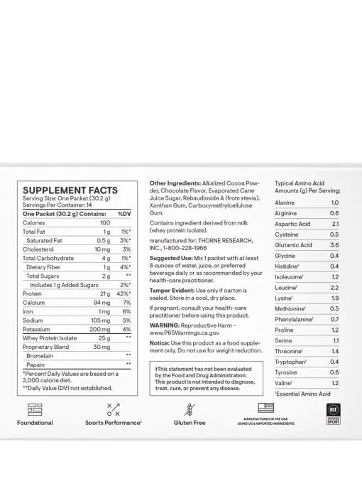 Thorne Whey Protein Isolate (14 Chocolate Packets) - NSF Certified protein powder for muscle growth and recovery.