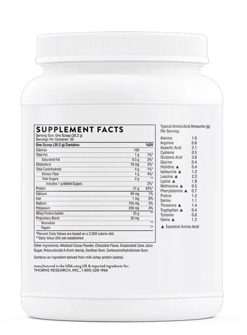 Thorne Whey Protein Isolate (31.9 oz Chocolate) - NSF Certified protein powder for muscle growth and recovery.