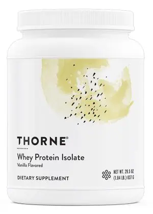 Thorne Whey Protein Isolate - NSF Certified vanilla protein powder for muscle growth and recovery.