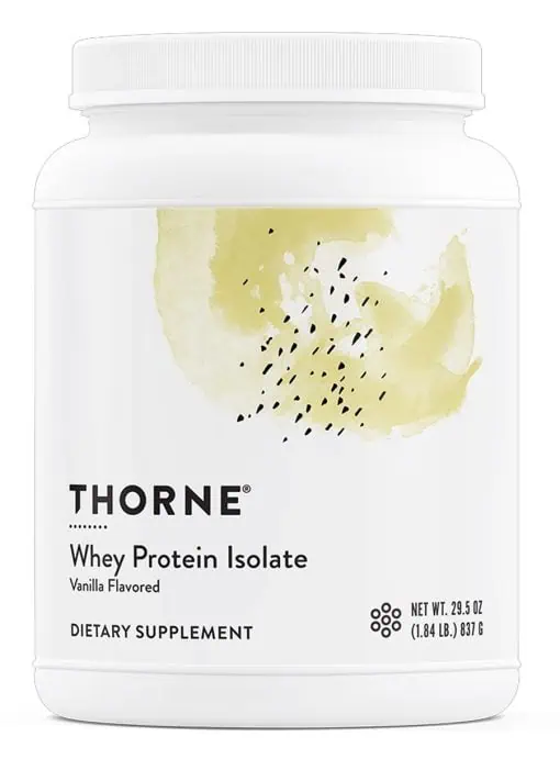Thorne Whey Protein Isolate - NSF Certified vanilla protein powder for muscle growth and recovery.