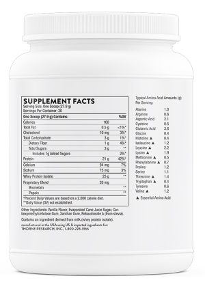 Thorne Whey Protein Isolate - NSF Certified vanilla protein powder for muscle growth and recovery.