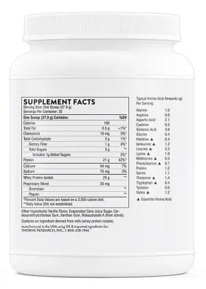 Thorne Whey Protein Isolate - NSF Certified vanilla protein powder for muscle growth and recovery.