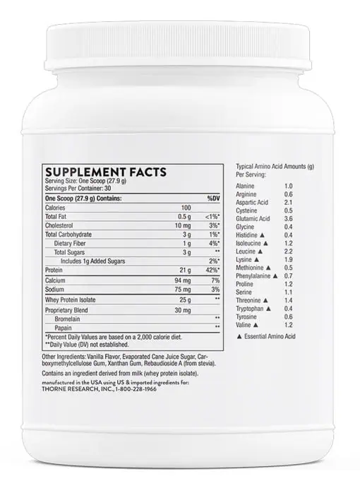 Thorne Whey Protein Isolate - NSF Certified vanilla protein powder for muscle growth and recovery.