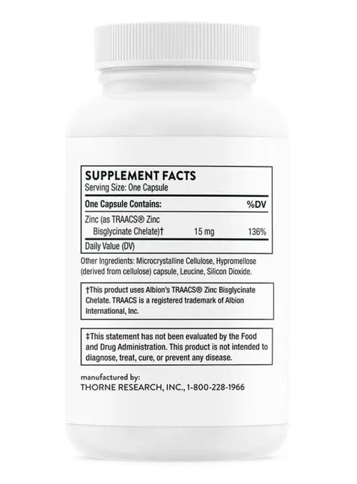 Thorne Zinc Bisglycinate (60 Capsules) - 15mg chelated zinc supplement for daily immune support.