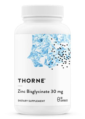 Thorne Zinc Bisglycinate (60 Capsules) - 30mg chelated zinc supplement for immune and skin health.