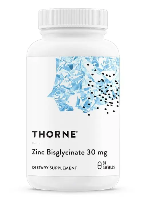 Thorne Zinc Bisglycinate (60 Capsules) - 30mg chelated zinc supplement for immune and skin health.