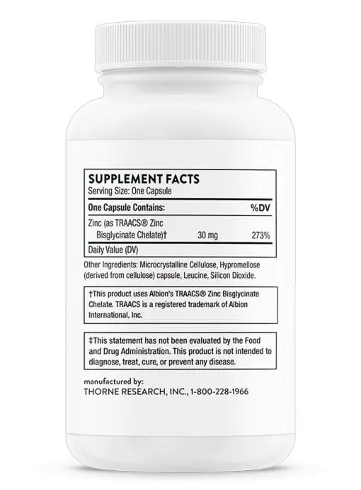 Thorne Zinc Bisglycinate (60 Capsules) - 30mg chelated zinc supplement for immune and skin health.