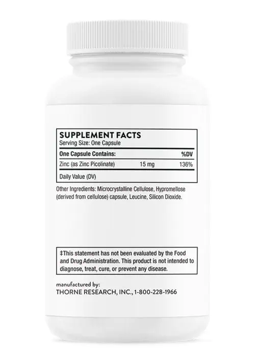 Thorne Zinc Picolinate (60 Capsules) - 15mg highly absorbable zinc supplement for immune and skin health.
