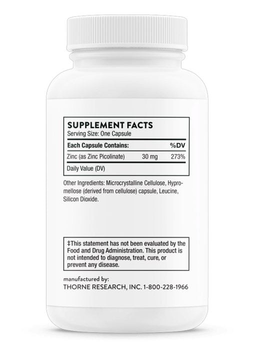 Thorne Zinc Picolinate - 30mg high-absorption zinc supplement for immune and skin health.