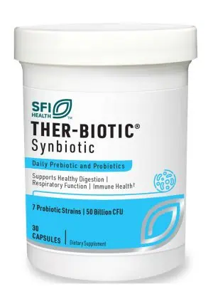 Ther-Biotic Synbiotic - 50 billion CFU, 7-strain shelf-stable probiotic with Sunfiber prebiotic.