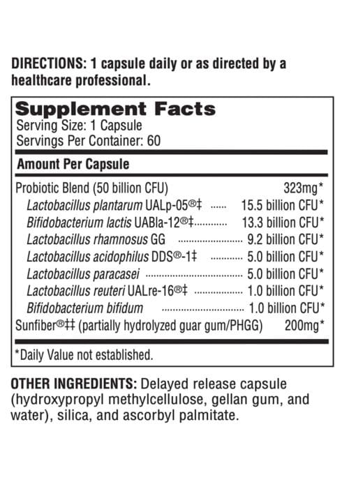 Ther-Biotic Synbiotic - 50 billion CFU, 7-strain shelf-stable probiotic with Sunfiber prebiotic.