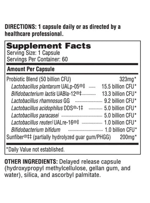 Ther-Biotic Synbiotic - 50 billion CFU, 7-strain shelf-stable probiotic with Sunfiber prebiotic.