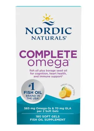 Complete Omega by Nordic A clinically researched omega blend combining EPA and DHA from purified fish oil with GLA from borage oil to support brain function EPA DHA GLA blend, fish oil with borage oil, brain and heart health