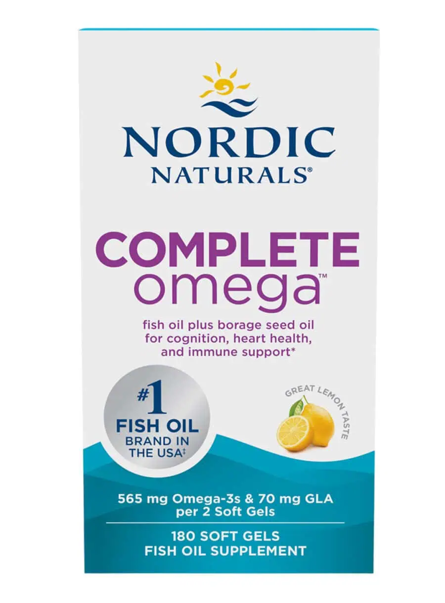Complete Omega by Nordic A clinically researched omega blend combining EPA and DHA from purified fish oil with GLA from borage oil to support brain function EPA DHA GLA blend, fish oil with borage oil, brain and heart health