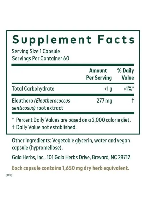 Plant-based adaptogen supplement supporting energy, stress resilience, and mental stamina with eleuthero root extract