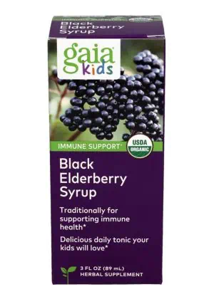 Gaia Herbs Kids Black Elderberry Syrup for immune support with organic elderberry and acerola